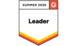 A badge labeled "Leader" with the G2 logo and "Summer 2026" at the top, featuring yellow and orange stripes at the bottom.