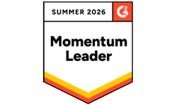 A badge labeled "Momentum Leader" with "Summer 2026" and a G2 logo at the top, featuring a white background and yellow, orange, and red stripes at the bottom.