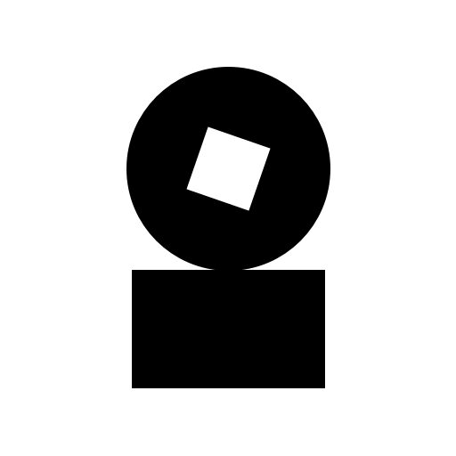 A black circle with a white tilted square inside it is stacked on top of a black square against a white background.