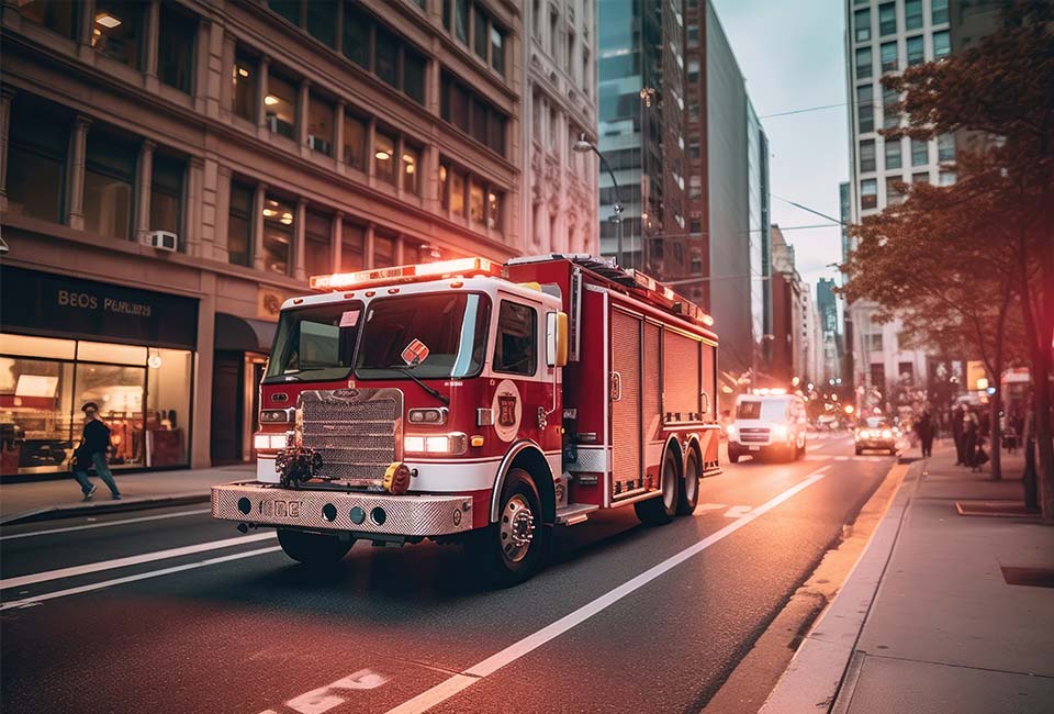 Firetruck driving downtown in the evening.