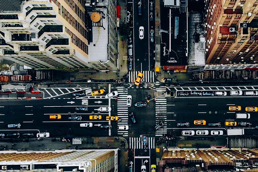 aerial view of city cross streets