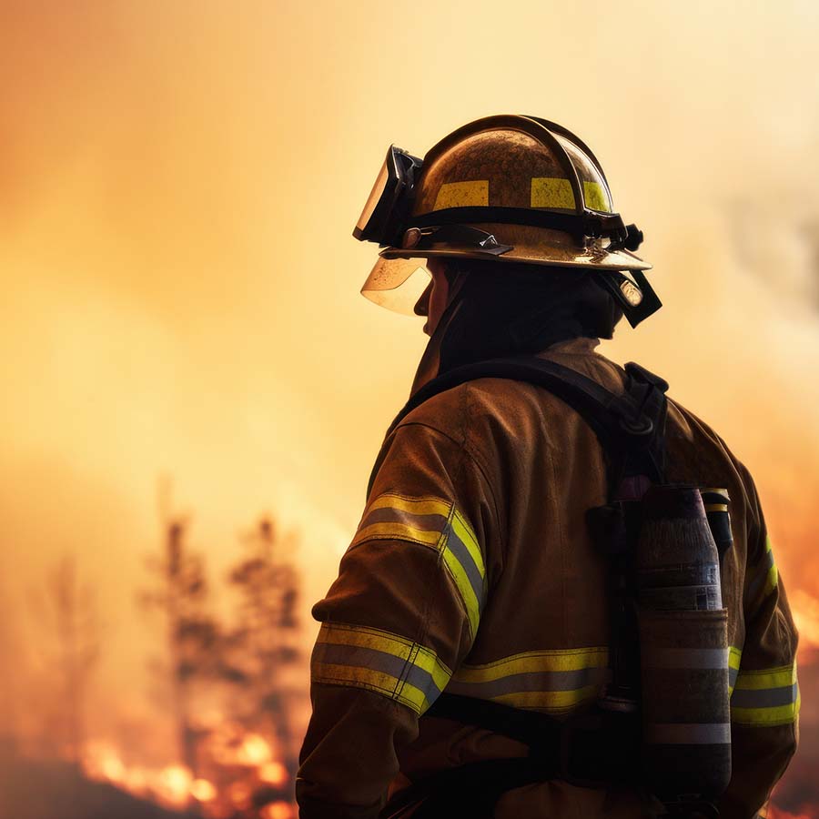 A firefighter in protective gear looks towards a wildfire, with smoke and flames in the background.