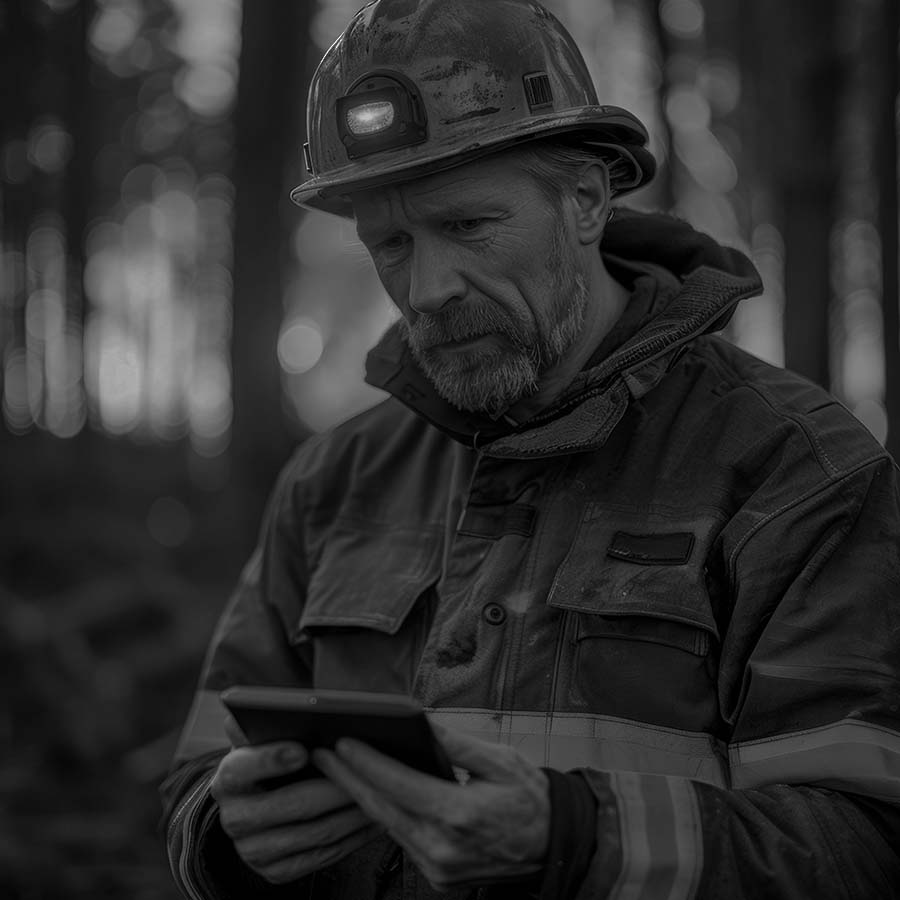 A person in a helmet and work jacket looks at a tablet in a forest. The image is in black and white.