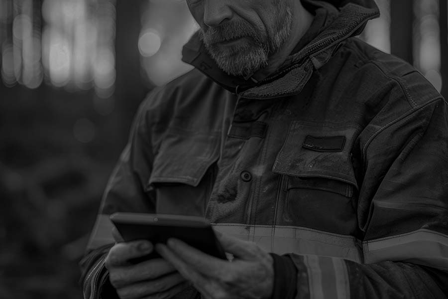 Man in rugged jacket looking at a tablet in a forest setting.