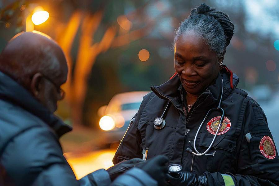 A medical professional with a stethoscope is outdoors interacting with another person. Both are dressed warmly, and the background features blurred trees and lights.
