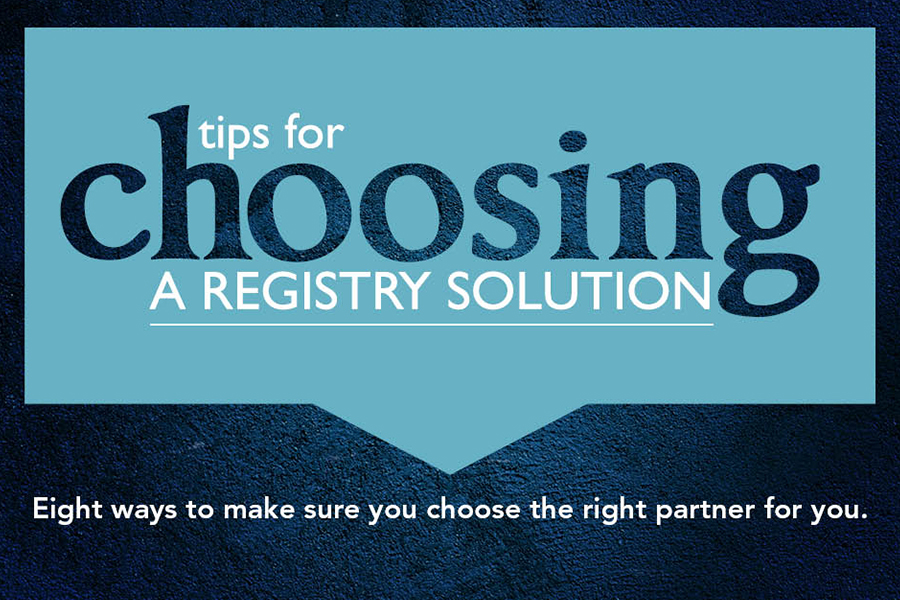 Text graphic with blue speech bubble: "Tips for choosing a registry solution. Eight ways to make sure you choose the right partner for you.