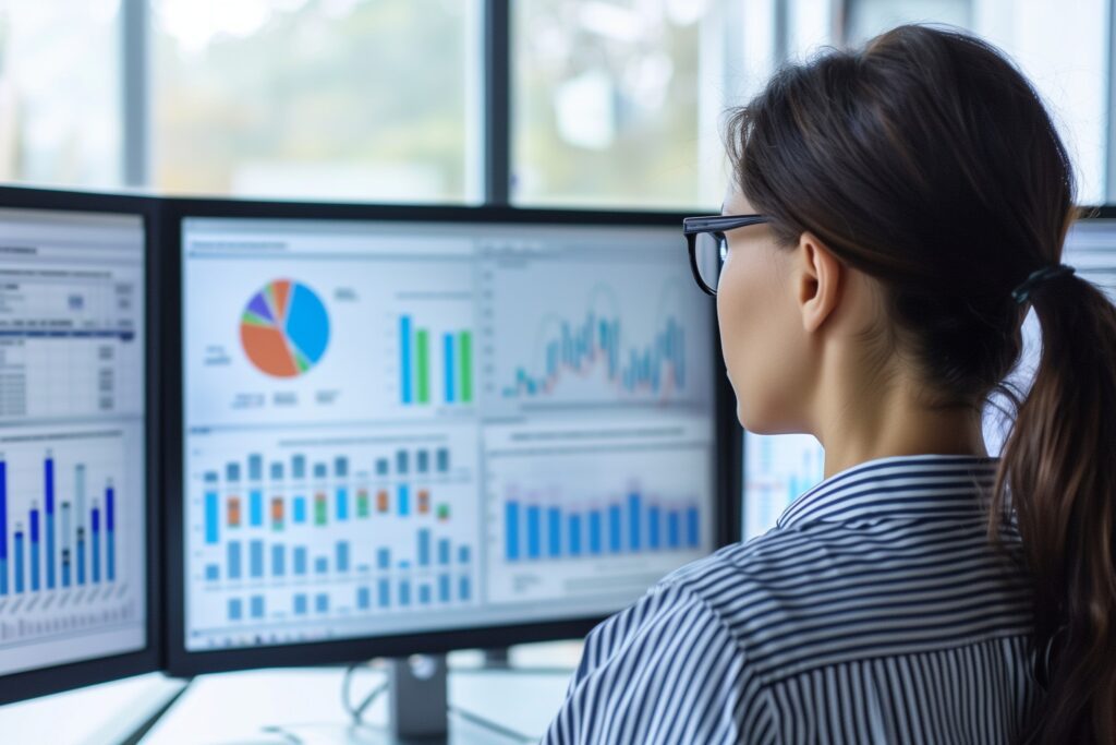 A person in glasses analyzes data on multiple computer screens displaying graphs and charts.