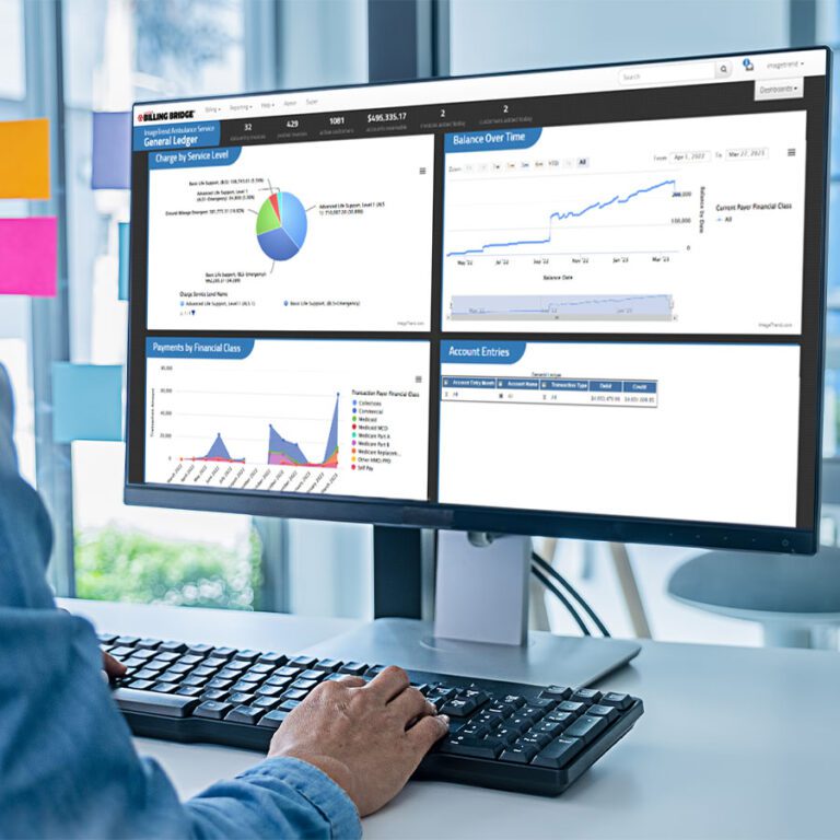A person using accounting software on a computer, displaying financial charts and graphs including balance over time, payments by financial class, and account entries.
