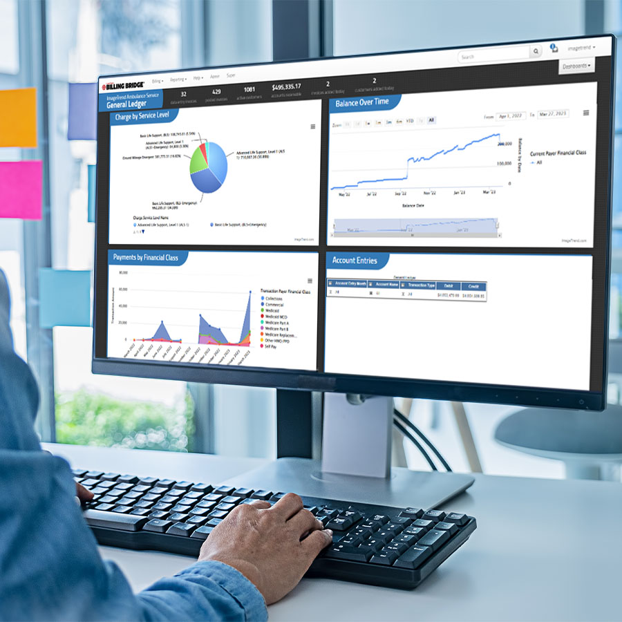 A person using accounting software on a computer, displaying financial charts and graphs including balance over time, payments by financial class, and account entries.