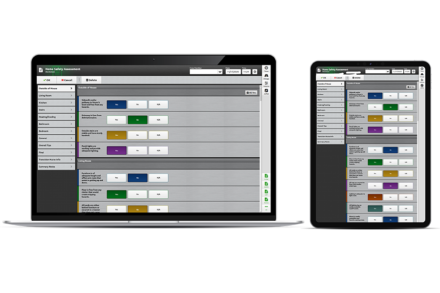 A laptop and a tablet display a software interface with a grid layout containing colored buttons, checkboxes, and text labels for a mock safety assessment.