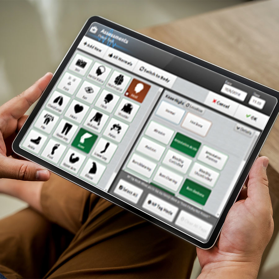 A person holds a tablet displaying a home automation control interface with various icons and options for managing smart home devices.