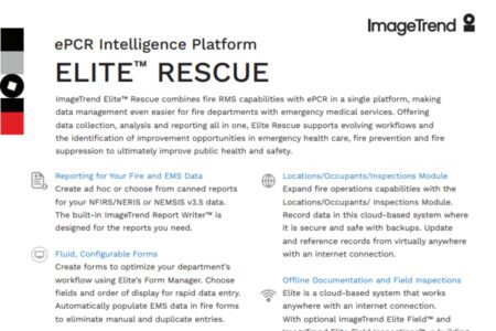 Image showing a flyer for "ELITE™ RESCUE" by ImageTrend, advertising its features for emergency management, data reporting, and field inspections. It emphasizes workflow efficiency and data management.