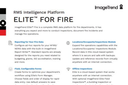 Screenshot of a webpage detailing features of the RMS Intelligence Platform, "Elite for Fire" by ImageTrend. Sections include data reporting, configurable forms, and offline inspections.