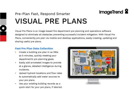 A promotional flyer for ImageTrend Visual Pre Plans, featuring descriptive text and a tablet displaying a digital map with annotated building plans.