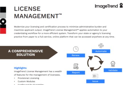 Infographic on ImageTrend's License Management service, highlighting features like renewal, automation, reporting, validation, and issuing of licenses with a focus on efficiency and accessibility.