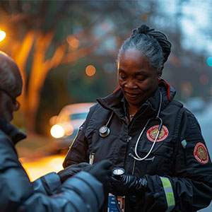 Emergency responder in uniform with a stethoscope, interacting with a person outdoors near a road.