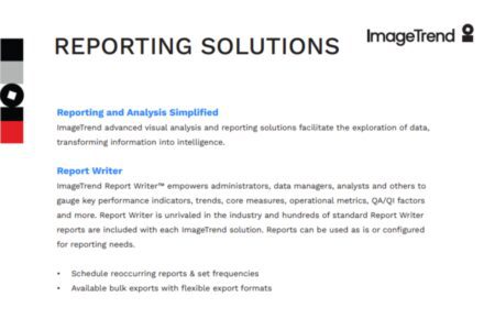 Text about reporting solutions by ImageTrend, explaining report writer features, key performance indicators, and export options.