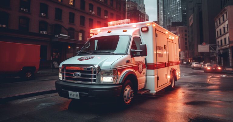 An ambulance with flashing lights is parked on a wet city street at dusk, surrounded by tall buildings.