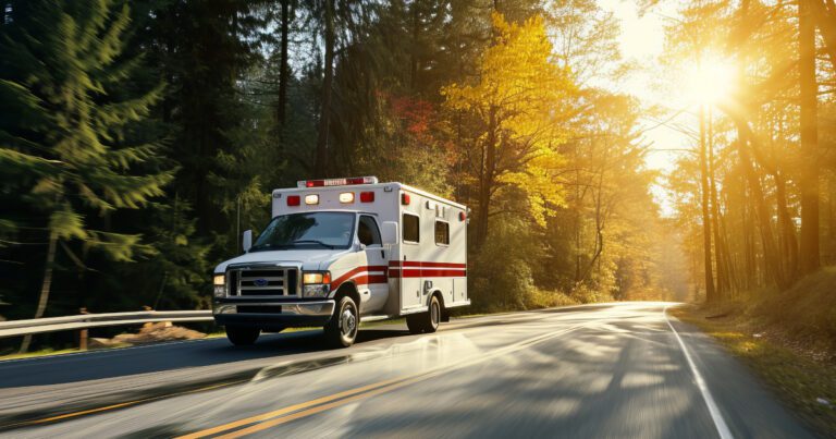 An ambulance drives on a forested road during a sunny day, with autumn leaves visible on the trees.
