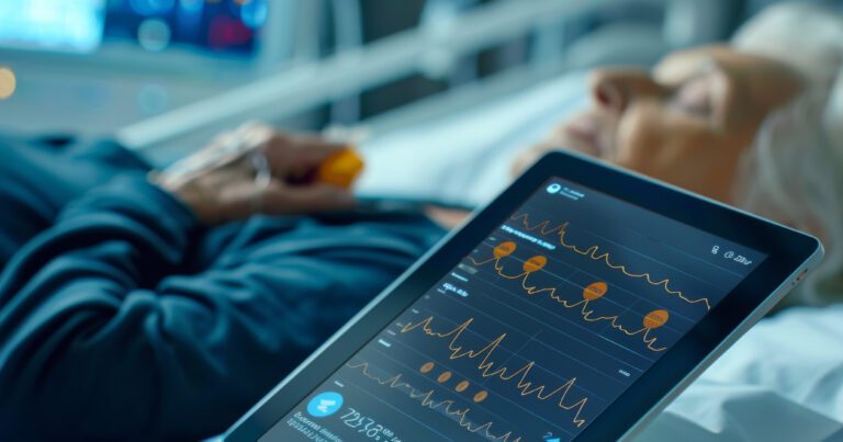 A patient lies in a hospital bed with a digital tablet displaying vital signs and heart rate monitoring nearby.