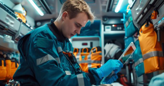 A paramedic in a teal uniform and blue gloves uses a tablet inside an ambulance, surrounded by medical equipment and supplies.