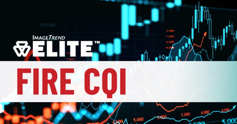 A digital chart with red, blue, and white lines on a black background. Overlay text reads "ImageTrend Elite: Fire CQI.