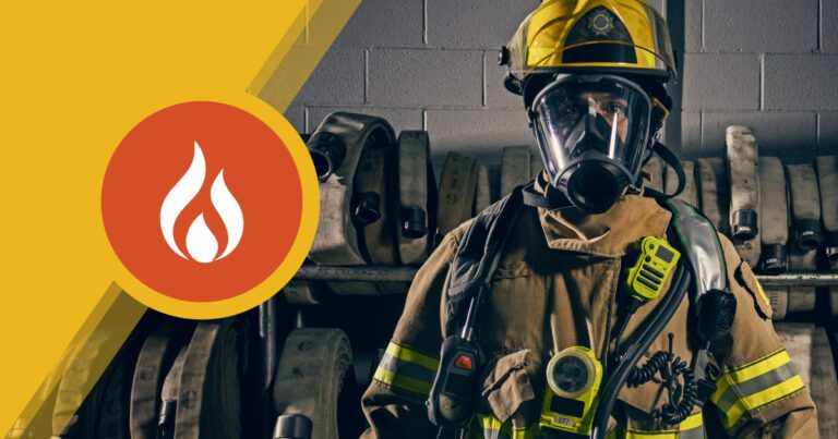 Firefighter in full gear, including a helmet and breathing mask, stands next to fire hoses. A flame icon is visible on the left.