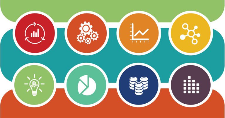 Colorful infographic with eight icons: bar chart, gears, line graph, molecule, light bulb, pie chart, stacks of coins, and a building of blocks.
