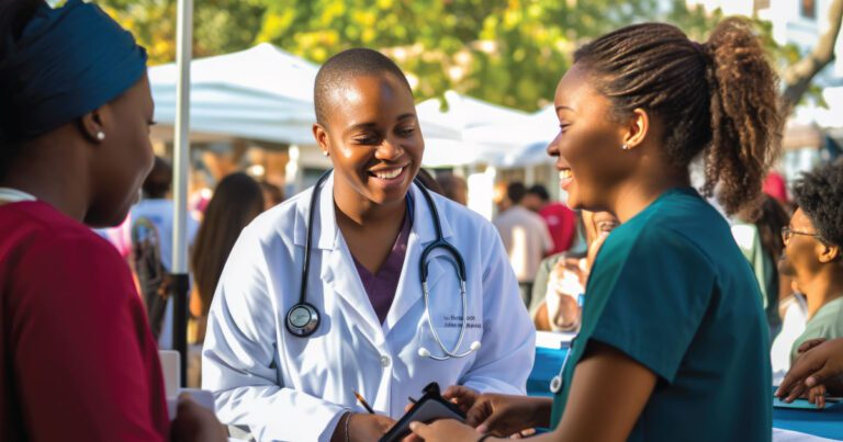 A doctor with a stethoscope smiles while talking to two women outdoors at a health fair.