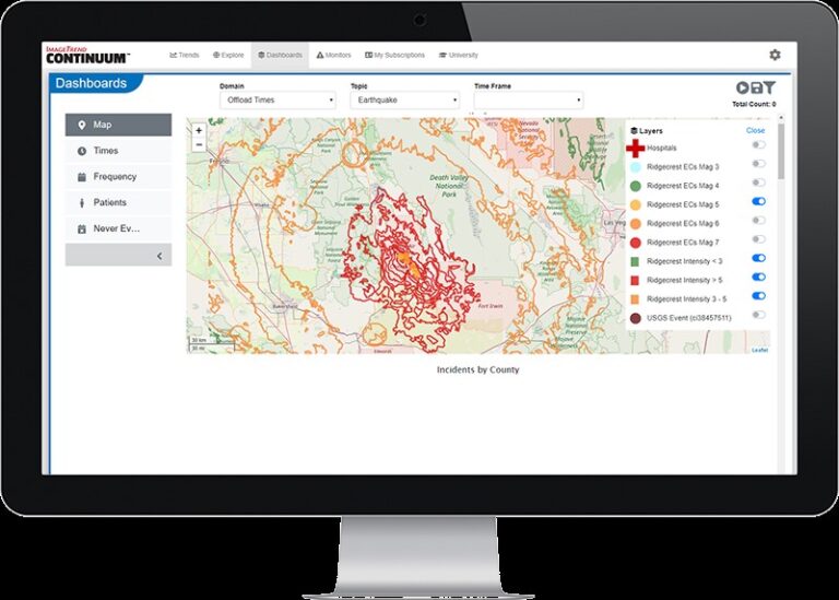 Computer monitor displaying a geographic map with earthquake data, including incident layers and frequency information.