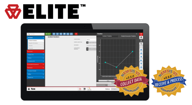 Tablet displaying an incident management software interface with data collection and processing badges, labeled ELITE.