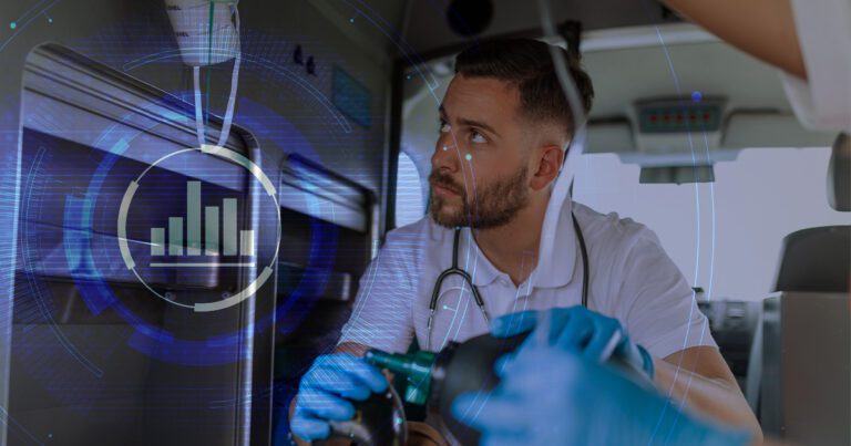 A paramedic wearing gloves adjusts equipment inside an ambulance. A digital overlay with graphs and data symbols is superimposed on the image.