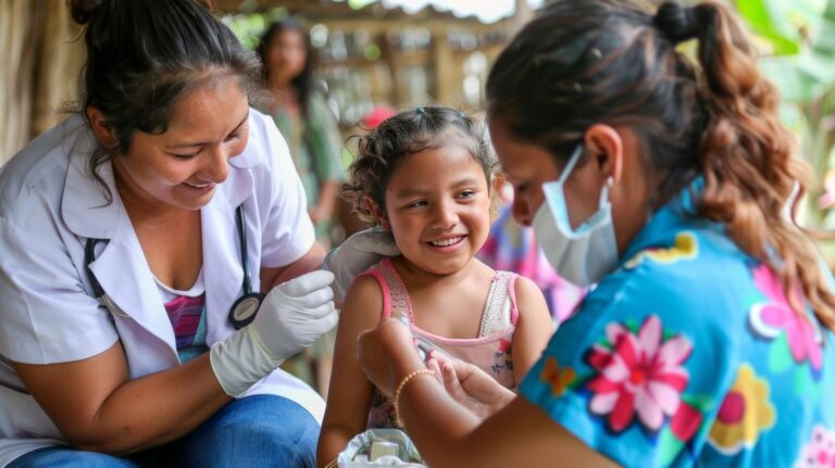 A healthcare worker gives a vaccine to a smiling young girl. Another woman in a lab coat sits nearby, holding medical instruments. The setting appears to be an outdoor clinic.