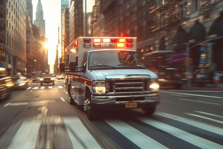 Ambulance with flashing lights speeds through a city street at sunset, surrounded by tall buildings and moving vehicles.