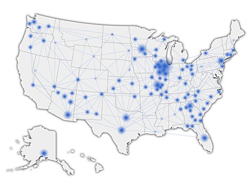 A map of the United States with FlowMSP departments shown