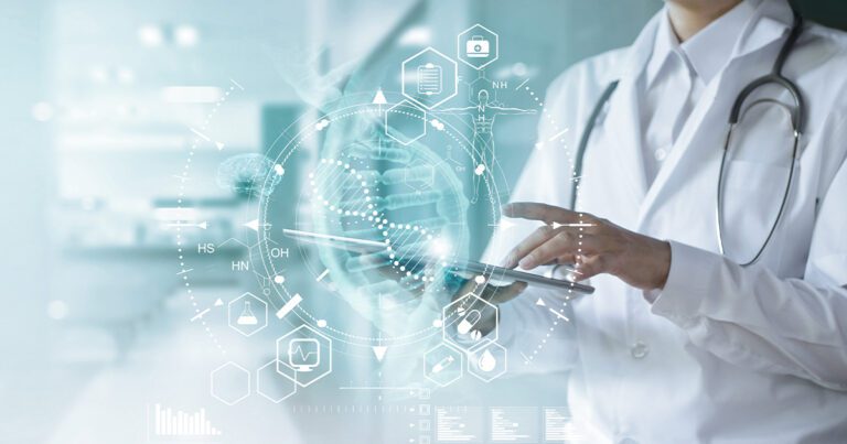 A healthcare professional in a white coat uses a tablet. Futuristic medical graphics overlay the image, depicting various health-related symbols and molecular structures.