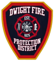 Patch of Dwight Fire Protection District with a red border. Features a firefighting emblem with tools, "Est. 1875" text, and the name "Dwight Fire Protection District" in white.