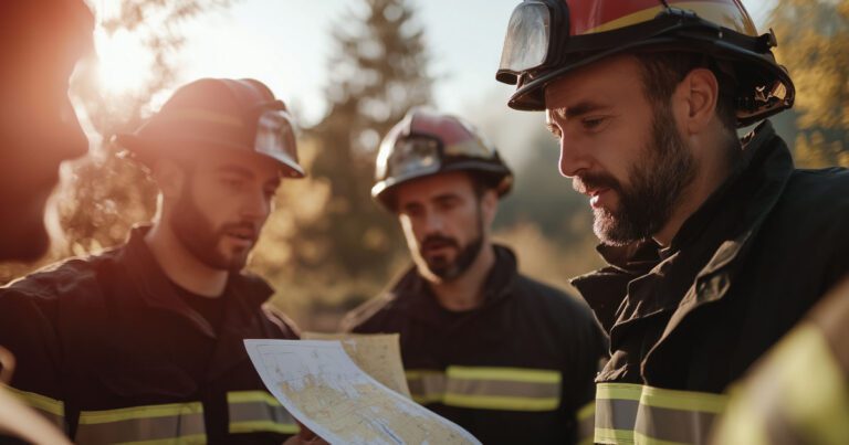 Four firefighters in uniform and helmets are gathered outdoors, examining a map. The sun is setting in the background.