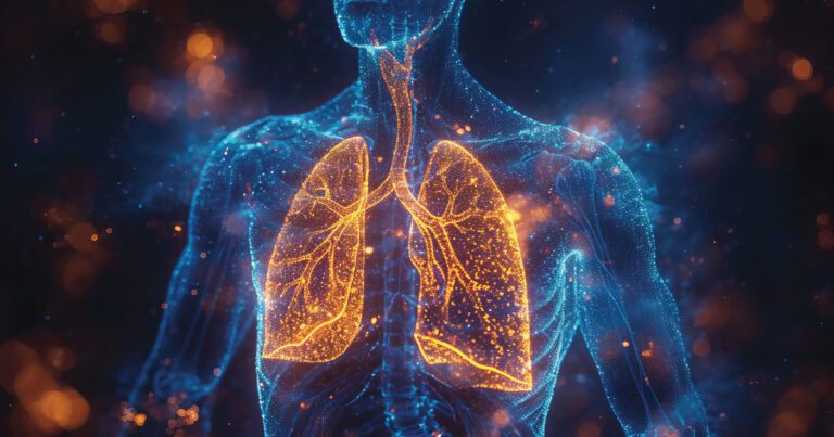 Digital illustration of the human torso highlighting lungs in glowing orange, with a blue network of veins and nerves surrounding the area, set against a dark background.