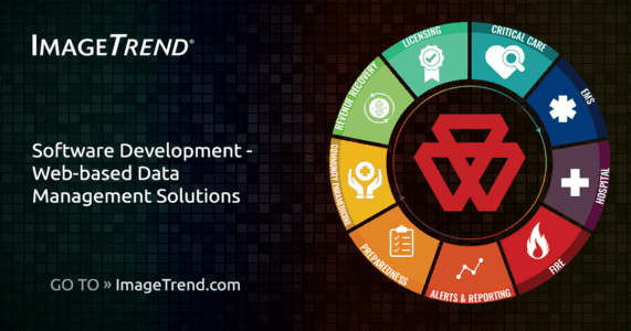 Infographic depicting web-based data management solutions by ImageTrend, with sections for licensing, critical care, EMS, hospital, fire, alerts, preparedness, and preventive health.
