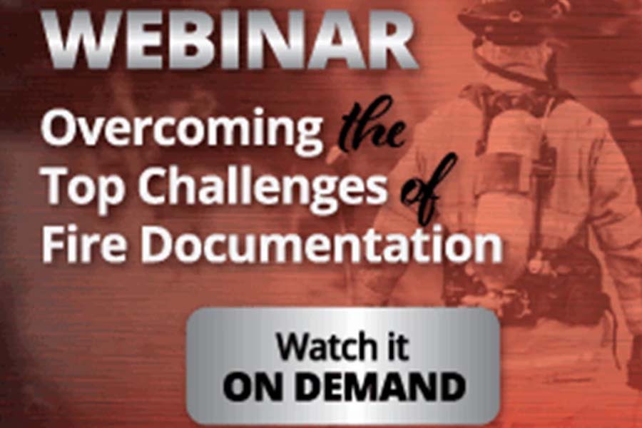 Webinar advertisement, "Overcoming the Top Challenges of Fire Documentation," with an option to watch it on demand, featuring a firefighter image in the background.