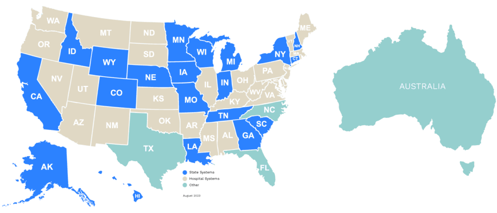 Map comparing the sizes of U.S. states to Australia. States in blue include California, Texas, and Alaska, among others. Australia is outlined in teal on the right.