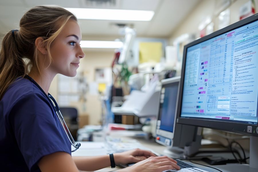 A nurse in scrubs sits at a desk, looking at patient information on a computer screen in a hospital or medical office setting.