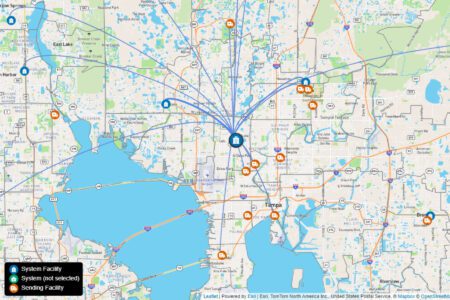 Map of Tampa Bay area with labeled system and sending facilities. Lines connect locations, with a central hub icon in the middle, offering market intelligence insights. Lakes and highways weave through the landscape, enriching regional understanding.
