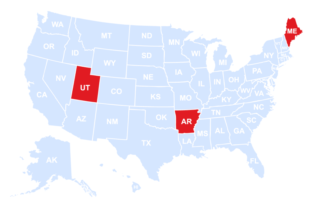 US map in light blue with AR UT and ME highlighted in red