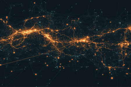 A digital network map with bright orange nodes and lines connected across a dark background, representing data flow or connectivity.