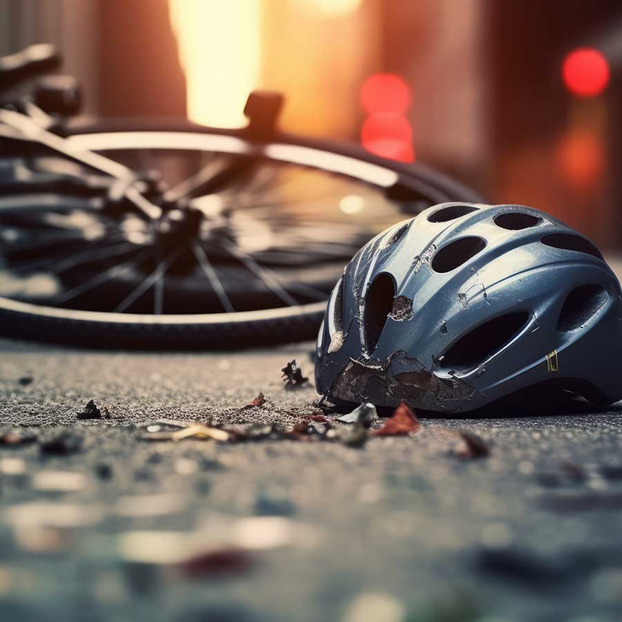 A damaged bicycle helmet lies on the ground near a fallen bicycle, with debris scattered around—an impactful transportation incident visualization (TIV) set against blurred city lights in the background.