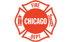 Red Chicago Fire Department emblem with icons of a hydrant, ladder, and helmet, and the word "CHICAGO" in bold white text at the center.