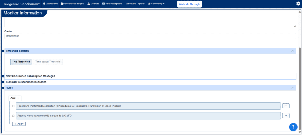 Screenshot of a software dashboard showing monitor information with rules about procedure and agency names, threshold settings, and summary subscription messages.