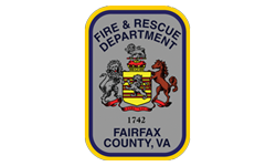 Fairfax County, VA Fire & Rescue Department emblem with a crest featuring a lion, a horse, and the year 1742.